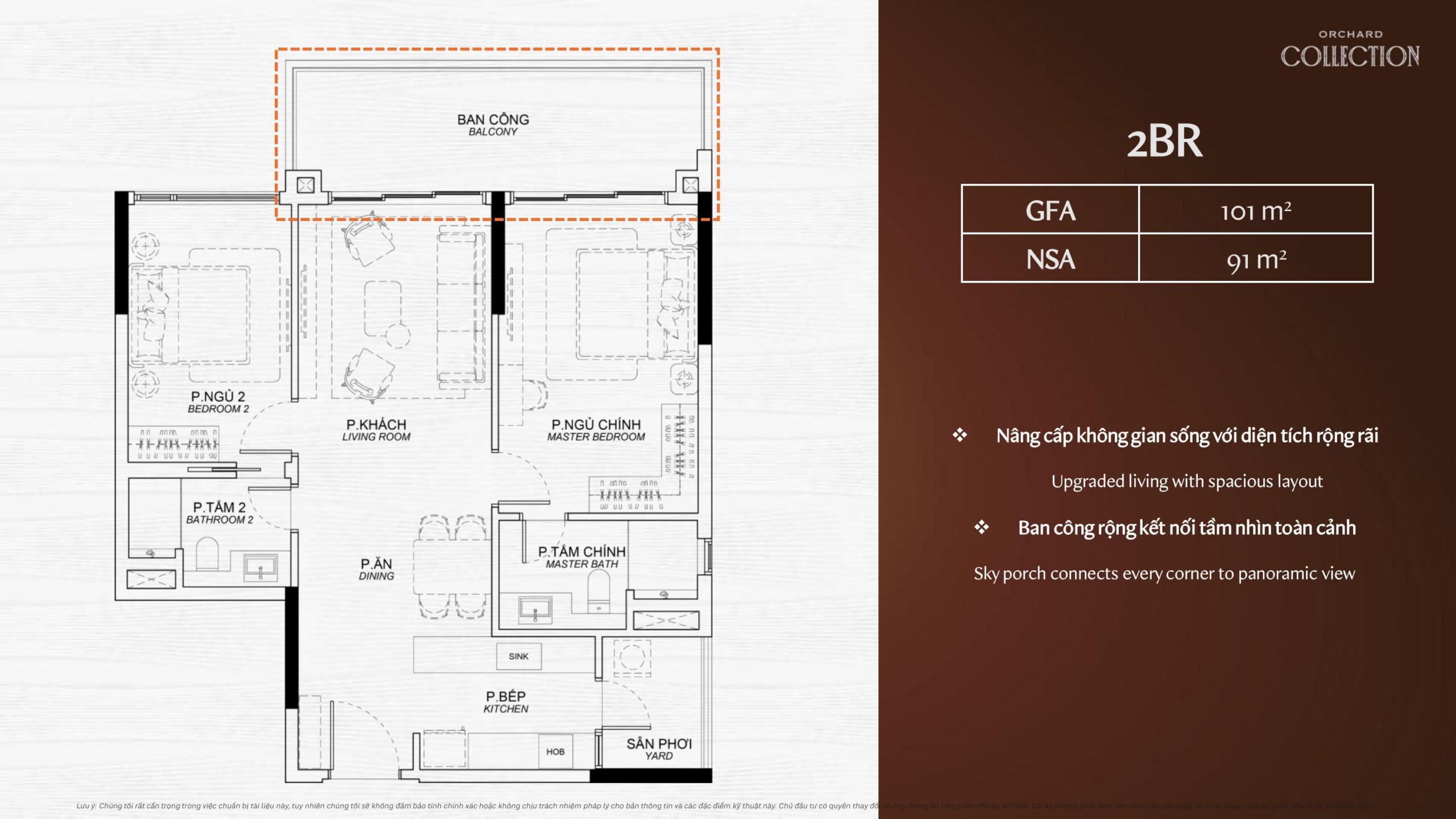 Mặt bằng layout căn hộ 2 phòng ngủ phân khu Orchard Collection dự án Sycamore