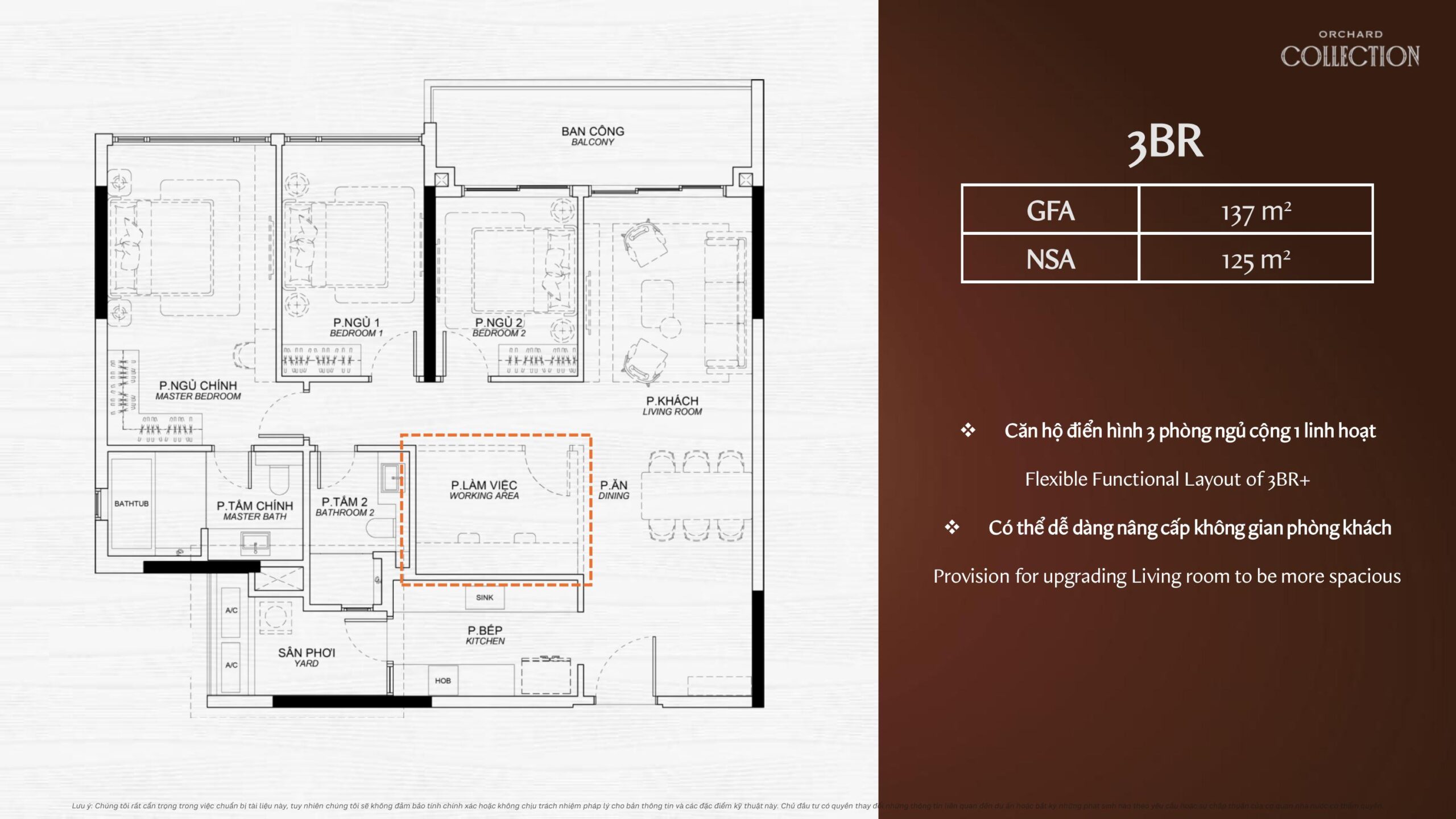 Mặt bằng layout căn hộ 3 phòng ngủ phân khu Orchard Collection dự án Sycamore