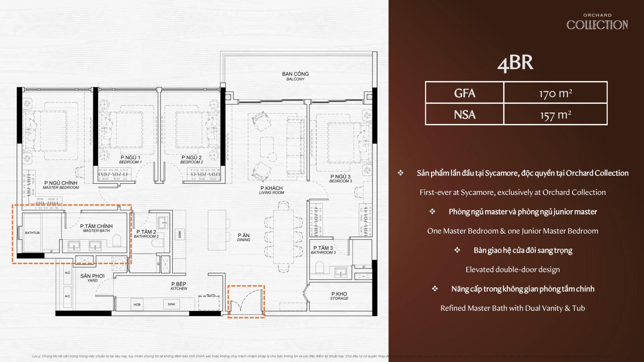 Mặt bằng layout căn hộ 4 phòng ngủ phân khu Orchard Collection dự án Sycamore