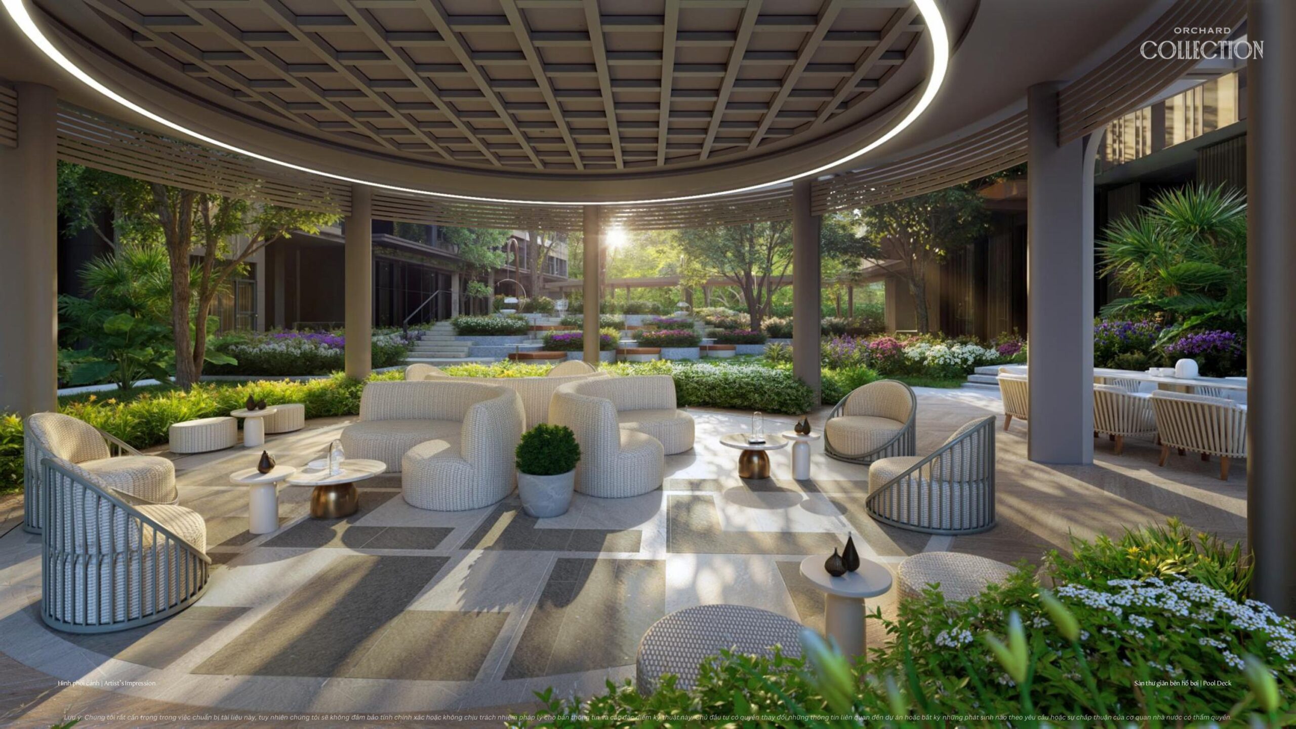 Tiện ích sảnh thư giãn trên bể bơi phân khu Orchard Collection dự án Sycamore